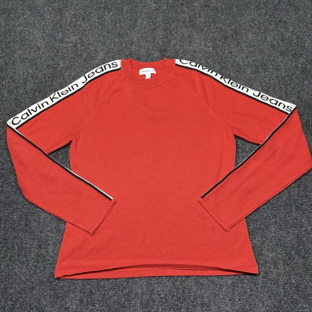 Calvin Klein Jeans Womens Medium Red Logo Tape Raglan Sleeve Sweater Pullover M